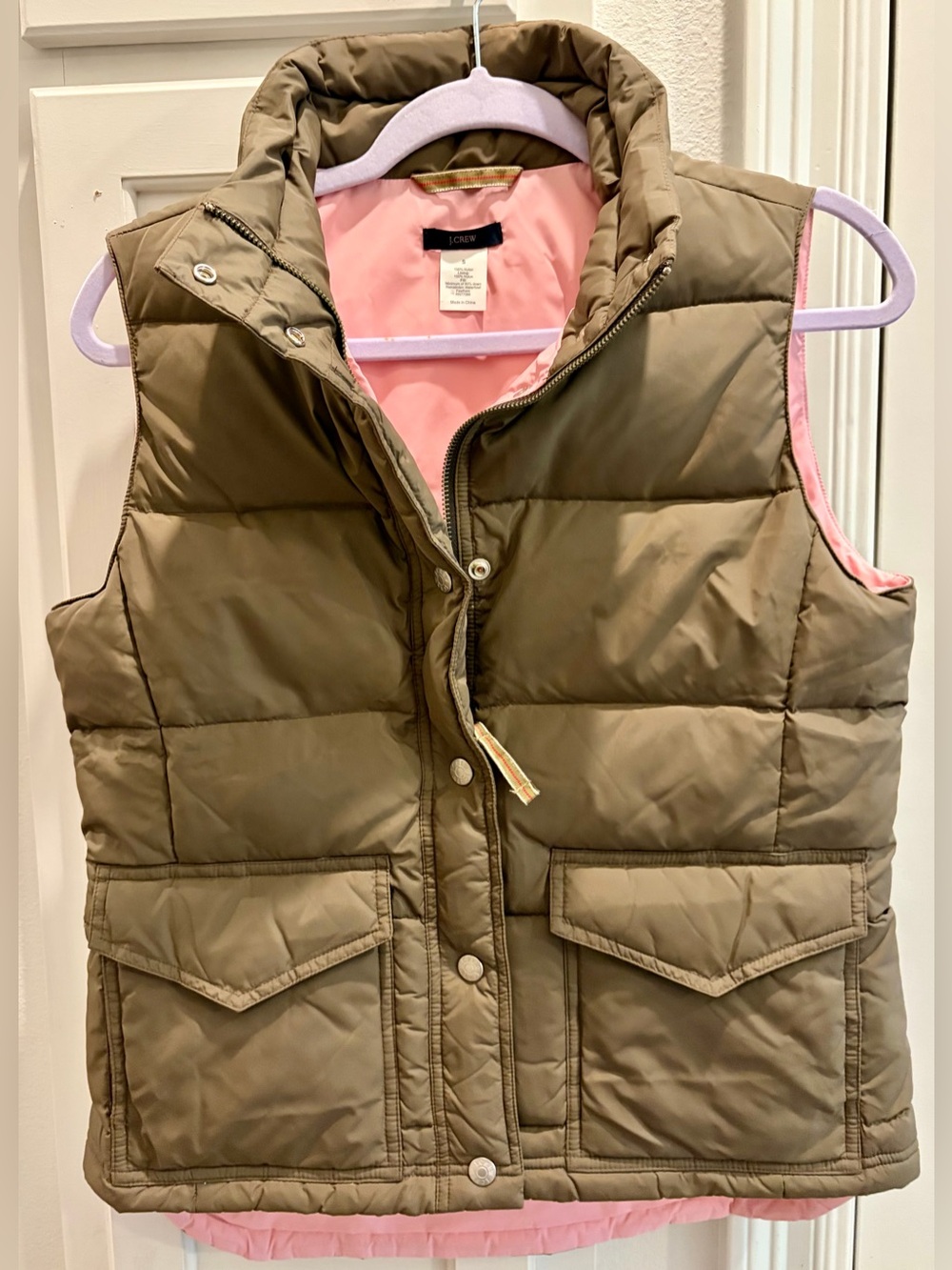 NWOT J. CREW Olive Green Puffer Vest with Pink Lining - Womenβs Size Small